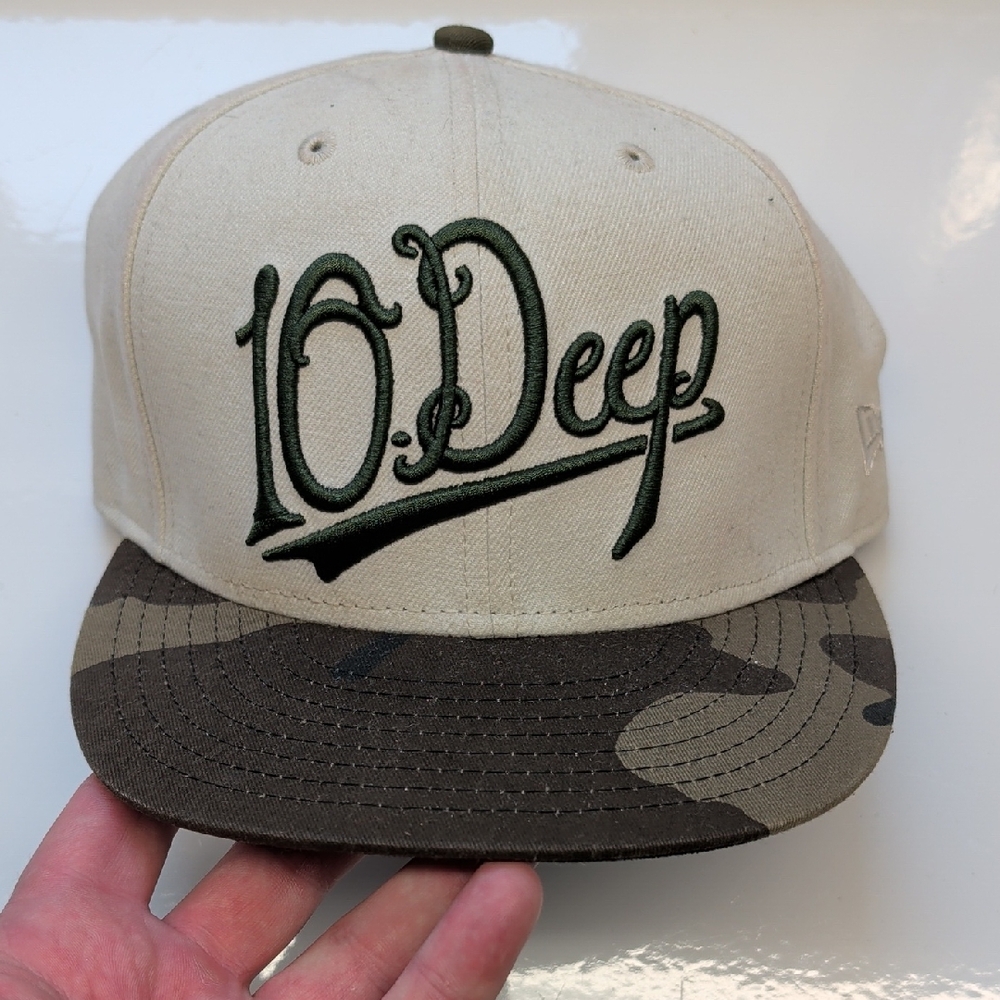 10.Deep Tan Crown with Olive Embroidered Logo & Camo Brim 7 3/8" Fitted